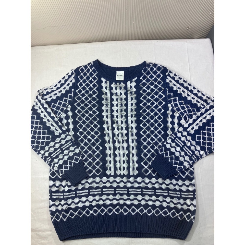 Blair Navy White Fair Isle Geometric Knit Sweater Womens Size L Acrylic‎